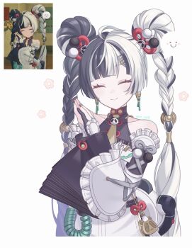 bare_shoulders black_hair braid closed_eyes closed_mouth commentary detached_sleeves dialyn_(zenless_zone_zero) earrings facing_viewer fingernails game_screenshot_inset hair_ornament hairclip hashtag-only_commentary highres jewelry long_hair m_op8 multicolored_hair multicolored_nails own_hands_together red_nails simple_background smile twin_braids two-tone_hair white_background white_hair zenless_zone_zero