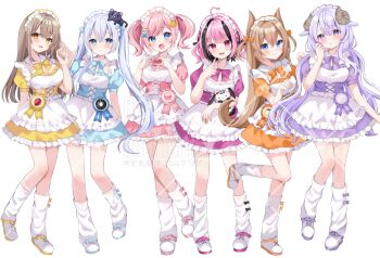 Rule 34 | 6+girls, :d, animal, animal ears, animal on head, apron, black hair, blue bow, blue bowtie, blue dress, blue eyes, blue hair, blush, bow, bowtie, brown eyes, brown hair, cat, cat on head, closed mouth, commentary request, double-parted bangs, dress, frilled apron, frilled dress, frills, full body, hair between eyes, hamico, hand up, hands up, hatena (hoshimeguri gakuen), heart, heart hands, highres, hirasaka mei (vtuber), horns, hoshimeguri gakuen, indie virtual youtuber, kuramochi kyouko, long hair, looking at viewer, maid, maid headdress, misato ran, mochimochi sakura, multicolored hair, multiple girls, nekozuki mio, official art, on head, open mouth, orange bow, orange bowtie, orange dress, pink bow, pink bowtie, pink dress, pink hair, purple bow, purple bowtie, purple dress, purple eyes, purple hair, red bow, red bowtie, red dress, red eyes, sheep horns, shoes, short hair, short sleeves, simple background, smile, socks, standing, twintails, two-tone hair, two side up, virtual youtuber, watermark, white apron, white background, white shoes, white socks, yellow bow, yellow bowtie, yellow dress