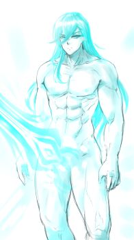 1boy absurdres ainchase_ishmael blue_eyes blue_hair completely_nude elsword erection highres long_hair looking_at_viewer muscular muscular_male nude pinkmarine richter_(elsword) sketch solo standing sword weapon what