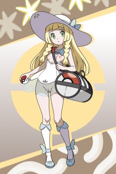 1girl :o absurdres adapted_costume bag blonde_hair blue_collar blue_ribbon blue_shoes braid breasts breasts_out cleft_of_venus collar detached_collar dress duffel_bag female_focus full_body functionally_nude gluteal_fold gradient_background green_eyes hat highres holding holding_bag holding_poke_ball hoshi_wo_miru lillie_(pokemon) loli long_hair looking_at_viewer nintendo no_bra no_panties poke_ball poke_ball_(basic) poke_ball_print pokemon pokemon_sm pussy revealing_clothes ribbon see-through_clothes see-through_skirt shoes sidelocks skirt small_breasts socks solo standing sun_hat thigh_gap twintails uncensored white_dress white_hat white_socks