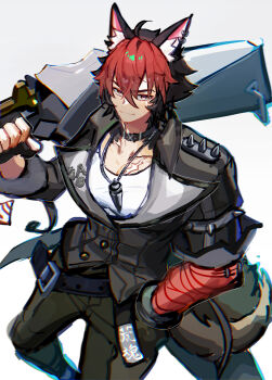 1boy 1girl absurdres animal_ears black_choker black_gloves black_hair black_jacket black_pants buster_sword choker dog_boy dog_ears dog_tail fingerless_gloves gloves hand_on_own_hip highres holding holding_sword holding_weapon jacket komano_manato medium_hair multicolored_hair pants red_eyes red_hair shirt smile solo streaked_hair sword tail weapon white_shirt wzoarrylmovmuju zenless_zone_zero