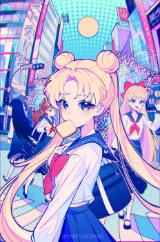 4girls absurdres aino_minako artist_name bag bishoujo_senshi_sailor_moon black_hair blonde_hair blue_eyes blue_sailor_collar blue_skirt blush bow bowtie bread bread_slice brown_hair chromatic_aberration double_bun food food_in_mouth green_eyes hair_bow hair_bun highres hino_rei juuban_middle_school_uniform kino_makoto long_hair looking_at_viewer maegjuw multiple_girls neckerchief neon_palette open_mouth outdoors pleated_skirt red_bow red_bowtie red_neckerchief sailor_collar school_uniform serafuku shirt shoulder_bag skirt solo_focus tsukino_usagi twitter_username vaporwave white_shirt