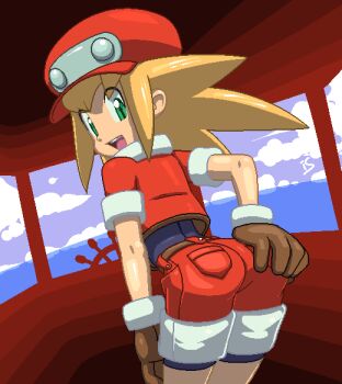 1girl artist_name ass bike_shorts bike_shorts_under_shorts blonde_hair blue_sky brown_gloves newsboy_cap cloud cowboy_shot crop_top day dutch_angle female_focus from_behind gloves green_eyes hand_on_own_ass happy hat horizon indoors jaggy_lines leaning_forward looking_back looking_down mega_man_(series) mega_man_legends_(series) oekaki open_mouth pocket red_hat red_shirt red_shorts rockthebull roll_caskett_(mega_man) ship&#039;s_wheel ship_interior shirt short_shorts short_sleeves shorts sidelocks signature sky smile solo spiked_hair standing teeth undershirt window