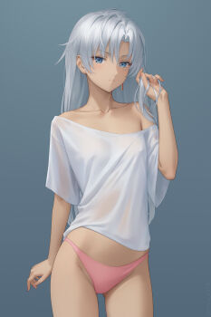 1girl a_(xenoblade) blue_eyes breasts closed_mouth earrings grey_hair hair_between_eyes highres jewelry long_hair looking_at_viewer messy_hair miura-n315 panties pink_panties simple_background single_earring small_breasts solo underwear very_long_hair xenoblade_chronicles_(series) xenoblade_chronicles_3 xenoblade_chronicles_3:_future_redeemed