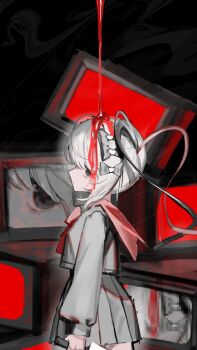 1girl black_eyes black_hair bleeding blood blood_drip bow censored chest_bow chouzetsusaikawa_tenshi-chan chouzetsusaikawa_tenshi-chan_(dark_angel) drama_layer from_side glowing grey_serafuku hair_bow head_tilt highres holding holding_knife knife limited_palette looking_at_viewer looking_back mika3kami monitor mosaic_censoring multiple_hair_bows multiple_monochrome needy_girl_overdose quad_tails red_hair school_uniform serafuku sidelocks solo television upper_body white_hair