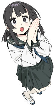 1girl black_eyes full_body grey_skirt hands_on_own_cheeks hands_on_own_face highres imamura_ryou seitokai_ni_mo_ana_wa_aru! shirt skirt terui_arisu white_background white_shirt