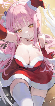 1girl absurdres angel_wings bare_shoulders blue_archive breasts choker christmas cleavage commentary_request davo221020 dress feathered_wings gloves hair_tie halo hat headband highres large_breasts long_hair looking_at_viewer mika_(blue_archive) open_mouth panties panty_peek pink_hair red_dress red_gloves santa_costume santa_dress santa_hat smile teeth thighhighs thighs underwear very_long_hair white_panties white_thighhighs white_wings wings yellow_eyes