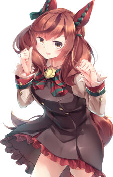 Rule 34 | 1girl, absurdres, animal ears, black dress, blush, bow, bowtie, breasts, brown eyes, brown hair, commentary request, diagonal-striped bow, dress, ear bow, ear covers, ear ribbon, green bow, green bowtie, highres, horse ears, horse girl, horse tail, kanzakietc, long sleeves, looking at viewer, medium breasts, medium hair, multicolored hair, nice nature (poinsettia ribbon) (umamusume), nice nature (umamusume), open mouth, pinafore dress, puffy sleeves, simple background, sleeveless, sleeveless dress, smile, solo, streaked hair, striped bow, striped bowtie, striped clothes, tail, twintails, umamusume, white background