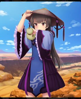 Rule 34 | 1girl, adjusting clothes, adjusting headwear, bead necklace, beads, black hair, blue robe, blue sky, blunt ends, chinese clothes, cosplay, cowboy shot, day, desert, detached sleeves, game cg, gourd, hand up, hat, holding, holding gourd, jewelry, journey to the west, juujou hiyori, long hair, long sleeves, necklace, official art, outdoors, red eyes, resized, robe, sky, small sweatdrop, solo, third-party source, toji no miko, toji no miko: kizamishi issen no tomoshibi, upscaled, wide brim, wide sleeves, zhu bajie, zhu bajie (cosplay)