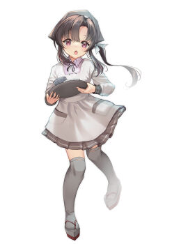 1girl absurdres apron bandana black_hair bowl collared_shirt commentary_request feet_out_of_frame full_body grey_bandana grey_thighhighs highres kantai_collection kappougi long_hair nankai_(kancolle) nosaki_(kancolle) pink_shirt ponytail shirt sidelocks simple_background solo thighhighs tray white_background yashin_(yasinz)