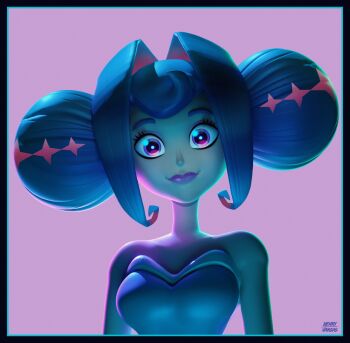 3d android bare_shoulders blue_eyes blue_hair blue_lips double_bun dress flower grin hair_bun henry_vargas highres knights_of_guinevere lips looking_at_viewer pink_flower princess princess_guinevere smile solo strapless