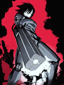 1girl aiming aiming_at_viewer android arm_cannon armor black_armor black_hair blame! cable colored_skin energy_cannon expressionless facial_mark feet_out_of_frame from_below full_body graviton_beam_emitter greyscale hair_between_eyes highres joints looking_at_viewer looking_down manabu_yashiro mark_under_both_eyes monochrome red_background robot_joints sanakan short_hair solo standing weapon white_skin