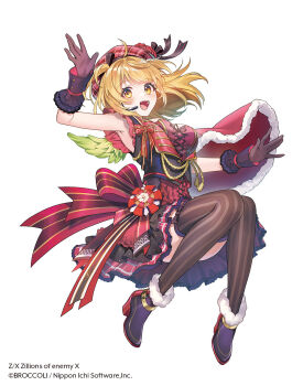 1girl ahoge armpits black_gloves blonde_hair breasts cana_(z/x) cape copyright_notice dress feathered_wings fur-trimmed_cape fur-trimmed_shoes fur_trim gloves green_wings hat highres konatsu_hare large_breasts mini_wings official_art open_mouth plaid_hat red_cape red_dress ribbed_thighhighs side_cape simple_background sleeveless sleeveless_dress solo teeth thighhighs two_side_up upper_teeth_only white_background wings yellow_eyes z/x