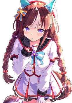 Rule 34 | 1girl, absurdres, animal ears, asymmetrical gloves, beret, black gloves, blue bow, blue bowtie, blush, bow, bowtie, braid, breasts, brown hair, brown tail, commentary request, ear covers, gloves, hair bobbles, hair ornament, hat, highres, hokko tarumae (star light ship) (umamusume), hokko tarumae (umamusume), horse ears, horse girl, horse tail, kanon (flowercanon), large breasts, long braid, long hair, long sleeves, looking at viewer, low twin braids, mismatched gloves, multicolored hair, plaid clothes, plaid sailor collar, sailor collar, shirt, simple background, skirt, solo, streaked hair, striped bow, striped bowtie, striped clothes, tail, twin braids, umamusume, white background, white gloves, white hat, white shirt, white skirt, white streaks