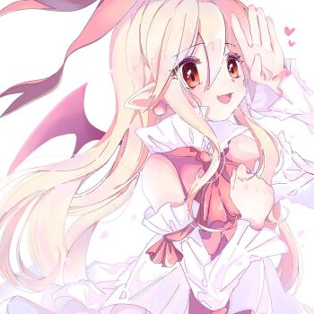1girl blonde_hair clenched_hand demon_wings detached_sleeves disgaea dress earrings fallen_angel fang floating_hair flonne flonne_(fallen_angel) heart heart_earrings highres jewelry kccy03 leotard long_hair petals pointy_ears red_eyes red_leotard red_ribbon ribbon skin_fang white_dress white_sleeves wings