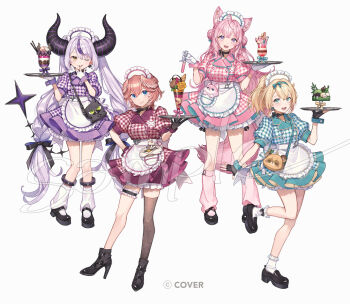 4girls :d ;q absurdly_long_hair ahoge animal_ears antenna_hair apron aqua_dress black_boots black_gloves black_horns black_shoes black_thighhighs blonde_hair blue_eyes boots braid braided_bangs braided_bun buttons cherico closed_mouth commentary_request copyright_notice crow_(la+_darknesss) crown_braid demon_horns double-breasted double-parted_bangs double_bun dress fingerless_gloves frilled_apron frilled_thigh_strap frills full_body ganmo_(takane_lui) gingham_dress gloves grey_hair hair_between_eyes hair_bun hakui_koyori head_wings high_heel_boots high_heels holding holding_tray hololive holox horns kazama_iroha kokoro_(hakui_koyori) la+_darknesss leg_warmers long_hair looking_at_viewer mary_janes multicolored_hair multiple_girls official_alternate_costume official_art one_eye_closed open_mouth pink_dress pink_hair pink_leg_warmers pink_wings platform_shoes pointy_ears pokobee ponytail puffy_short_sleeves puffy_sleeves purple_dress purple_hair sample_watermark shoes short_hair short_sleeves sidelocks single_thighhigh slit_pupils smile socks standing standing_on_one_leg streaked_hair striped_horns tail takane_lui thigh_strap thighhighs tongue tongue_out tray twintails very_long_hair virtual_youtuber waist_apron watermark wavy_hair white_apron white_gloves white_leg_warmers white_socks wings wolf_ears wolf_girl wolf_tail wrist_cuffs yellow_eyes