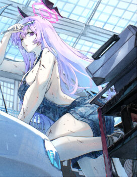1girl absurdres alternate_costume blue_archive breasts commentary_request floating_headgear hair_down halo headgear highres large_breasts long_hair looking_at_viewer one_eye_closed overalls purple_eyes purple_hair purple_halo sandals sideboob solo sunnysideup sweat toes toolbox utaha_(blue_archive) wrench