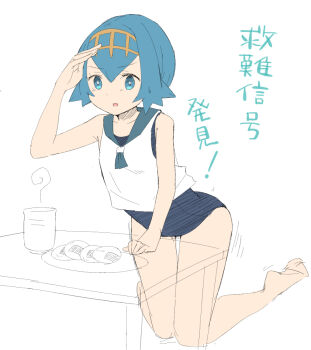 1girl blue_eyes blue_hair food japanese_text kneeling lana_(pokemon) lava_cookie ninchan nintendo pokemon pokemon_(anime) pokemon_the_series:_sun_&amp;_moon school_swimsuit senbei swimsuit swimsuit_under_clothes table tea tiara
