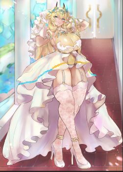 1girl absurdres anklet armlet bare_shoulders barghest_(fate) blonde_hair blush bracelet breasts brooch chain commentary_request dress elbow_gloves fate/grand_order fate_(series) full_body garter_straps gloves green_eyes high_heels highres horns jewelry klash large_breasts leotard long_hair looking_at_viewer solo thick_thighs thighhighs thighs tiara white_dress white_gloves white_thighhighs yellow_leotard