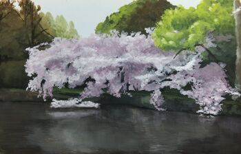 blue_sky cherry_blossoms day harusa1107 highres no_humans original outdoors painting_(medium) pond scenery shadow sky traditional_media tree water watercolor_(medium)