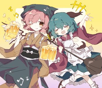 >_< 2girls :d alternate_costume animal_ears apron arm_up beer_mug bird_ears bird_wings blush broom brown_eyes brown_kimono commentary cup dog_ears dog_tail fang frills gradient_background green_apron green_hair green_skirt hair_between_eyes headscarf highres holding holding_broom holding_cup japanese_clothes kasodani_kyouko kimono long_sleeves medium_hair mug multiple_girls musical_note musical_note_print mystia_lorelei one_eye_closed open_mouth pink_hair red_shirt sandals shirt skin_fang skirt smile socks tail tongue tongue_out touhou v wavy_hair white_apron white_socks wings wusem0108