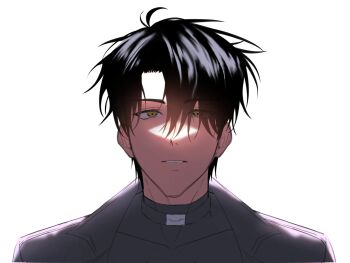 1boy black_coat black_hair black_shirt cnk_0_0 coat curtained_hair green_eyes hair_between_eyes hashtag-only_commentary highres looking_at_viewer male_focus omniscient_reader&#039;s_viewpoint open_clothes open_coat parted_lips popped_collar portrait shirt short_hair solo yoo_joonghyuk