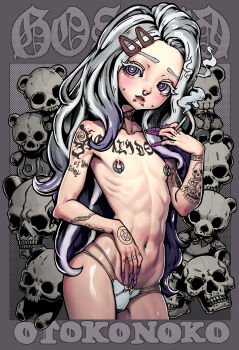 1boy abs absurdres aegyo_sal arm_tattoo bishounen blush border bow bow_panties bright_pupils bulge captive_bead_ring cheek_piercing chest_tattoo cigarette collarbone colored_eyelashes contrapposto cropped_legs curly_hair curtained_hair eyelashes face_piercing finger_tattoo fingernails flower_tattoo gradient_hair grey_background grey_border hair_ornament hair_over_shoulder hairclip halftone halftone_background hand_on_own_stomach hand_tattoo hand_up head_tilt heart heart_on_cheek heart_sticker highres holding holding_cigarette light_smile lips long_fingernails long_hair looking_at_viewer male_focus multi-strapped_panties multicolored_hair nail_art navel neck_tattoo nero_(jirojirorororn) nipple_piercing nipple_rings nipples nose_piercing nose_ring nude original outside_border panties panty_bulge parted_hair parted_lips pentagram pentagram_tattoo piercing pink_lips purple_eyes purple_hair purple_nails ribs ringed_eyes romaji_text shoulder_tattoo silver_ring skull skull_background skull_tattoo smoke snakebite_(piercing) solo standing star-shaped_pupils star_(symbol) star_on_cheek star_sticker sticker sticker_on_face stuffed_animal stuffed_toy symbol-shaped_pupils tareme tattoo teddy_bear teeth thick_eyebrows too_many_piercings too_many_tattoos trap tribal_tattoo turning_head underwear upper_teeth_only very_long_hair white_eyelashes white_hair white_panties white_pupils wrist_tattoo