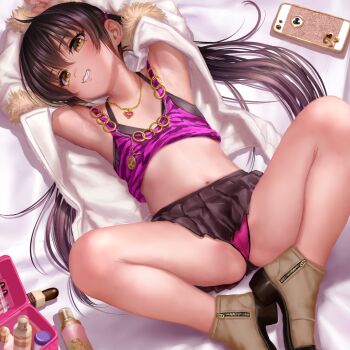 1girl armpits arms_up asakuraf bed_sheet black_hair black_skirt boots breasts brown_boots camisole cellphone clenched_teeth female_focus from_above fur-trimmed_jacket fur_trim grin gyaru heart heart_necklace highres idolmaster idolmaster_cinderella_girls jacket jewelry loli long_hair looking_at_viewer lying m_legs matoba_risa midriff navel necklace on_back panties phone pink_camisole pink_skirt skirt small_breasts smile solo spread_legs teeth thighs twintails underwear white_jacket yellow_eyes