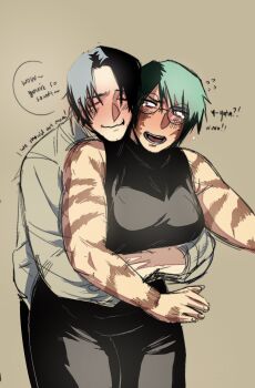 1boy 1girl couple eclipseshere happy highres hug hug_from_behind jujutsu_kaisen muscular muscular_female okkotsu_yuuta scar scar_on_face short_hair simple_background thick_thighs thighs zen&#039;in_maki