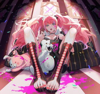 1girl bear_hair_ornament black_boots black_bra black_choker blood blood_on_face blood_on_ground blue_eyes boots bow bra breasts breasts_apart choker chromatic_aberration cleavage collarbone commentary_request confetti danganronpa_(series) danganronpa_2:_goodbye_despair enoshima_junko feet foreshortening hair_ornament highres hinatsu knee_boots knees_up lace-up_boots large_breasts long_hair looking_at_viewer monokuma monomi_(danganronpa) nail_polish nervous_sweating open-toe_boots open_mouth pillow pink_blood pink_hair red_bow red_nails red_skirt sharp_teeth shirt sitting skirt stuffed_animal stuffed_rabbit stuffed_toy sweat teeth toenail_polish toenails toes twintails underwear upper_teeth_only x_navel