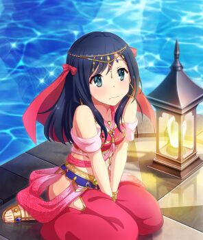 1girl arabian_clothes bandeau bare_shoulders between_legs blue_eyes blue_gem blue_hair blush breasts circlet closed_mouth clothing_cutout collarbone dot_nose from_above game_cg gem gold_bracer gold_circlet green_gem hand_between_legs harem_pants hip_vent lantern long_hair official_art on_floor pants pink_bandeau pink_pants pink_veil red_gemstone reflection reflective_liquid sidelocks sitting small_breasts solo subara_rika third-party_source tile_floor tiles toji_no_miko toji_no_miko:_kizamishi_issen_no_tomoshibi veil wariza water