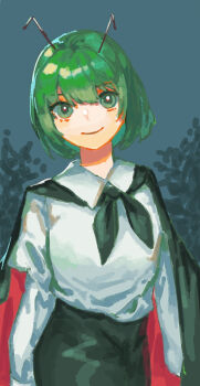1girl antennae black_cape black_skirt cape closed_mouth collared_shirt green_background green_eyes green_hair highres looking_at_viewer oftooon shirt shirt_tucked_in short_hair skirt smile solo touhou tree white_shirt wriggle_nightbug