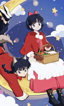 1boy 1girl absurdres animal_ears antatica11 big_bad_wolf big_bad_wolf_(cosplay) black_boots boots bow braid braided_ponytail brown_eyes brown_gloves capelet chinese_clothes chinese_commentary commentary_request cosplay crescent_moon dress gloves highres holding holding_mask little_red_riding_hood_(fairy_tale) little_red_riding_hood_(fairy_tale_character) little_red_riding_hood_(fairy_tale_character)_(cosplay) mask moon ranma_1/2 red_bow red_capelet red_dress saotome_ranma short_hair single_braid sitting star_(symbol) tail tendou_akane wolf_ears wolf_tail