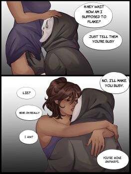 2girls brown_eyes brown_hair comic dark-skinned_female dark_skin dress english_text genderswap genderswap_(mtf) ghostface highres hug interracial lesbeanlatte mask multiple_girls scream_(movie) speech_bubble yuri