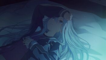 1girl arm_up bed blue_eyes blue_hair blue_jacket blue_light colorful_palette dark game_cg hat highres indoors jacket long_hair looking_up lying official_art on_back on_bed open_clothes open_jacket parted_lips phone project_sekai purple_shirt samenai_gensou_wo_nokku_shite_(project_sekai) shirt solo third-party_source very_long_hair yoisaki_kanade