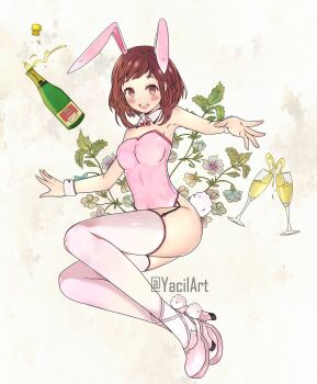 Rule 34 | 1girl, alcohol, animal ears, bad id, bad twitter id, blush stickers, boku no hero academia, bottle, brown eyes, brown hair, champagne, champagne bottle, champagne glass, commentary, cuffs, cup, detached collar, english commentary, fake animal ears, female focus, flower, full body, high heels, highres, leaf, leotard, looking at viewer, medium hair, open mouth, pink leotard, pink shoes, playboy bunny, rabbit ears, rabbit tail, shoes, solo, tail, thighhighs, twitter username, uraraka ochako, white thighhighs, yacilart
