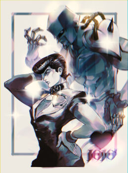 1boy black_hair crazy_diamond dekooop diamond_wa_kudakenai earrings gakuran grey_scales hand_in_own_hair hand_on_own_head heart higashikata_josuke jewelry jojo_no_kimyou_na_bouken light long_sleeves peace_symbol pompadour school_uniform simple_background sleeves_past_wrists smile sparkle stud_earrings