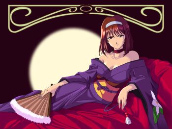 1girl bare_shoulders beads black_background blunt_ends bob_cut breasts brown_eyes chair choker choppy_bangs cleavage collarbone fingernails floral_print floral_print_kimono floral_print_sleeves hairband hand_fan holding holding_fan holding_string japanese_clothes kanzaki_sumire kimono looking_at_viewer medium_breasts mole mole_under_eye non-web_source obi obiage obijime official_art official_wallpaper on_chair parted_lips print_kimono purple_kimono purple_sleeves red_ribbon retro_artstyle ribbon ribbon_choker sakura_taisen sash sega short_hair simple_background sitting smile solo string tassel three-quarter_sleeves tsurime two-tone_background white_hairband wide_sleeves yamaguchi_yasushi yellow_sash