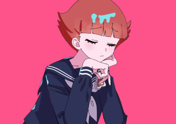 1girl 31061_satorui blunt_bangs closed_eyes commentary_request esper_mami flipped_hair hand_on_own_cheek hand_on_own_face head_on_hand head_rest long_sleeves pink_background red_hair sakura_mami school_uniform serafuku short_hair solo upper_body