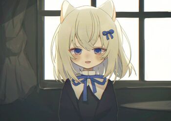 1girl animal_ears arazan_(ara_arazan24) backlighting black_dress blue_eyes blue_ribbon blush cat_ears collar contrast_collar curtains dress hair_between_eyes hair_ornament hair_ribbon hashtag-only_commentary indie_virtual_youtuber indoors medium_hair neck_ribbon open_mouth ribbon sayonaka_(vtuber) solo straight-on teeth upper_body upper_teeth_only white_collar white_hair window
