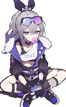 1girl absurdres aitekku buckle chewing_gum commentary controller drill_hair fishnets fur_trim glasses gloves grey_hair highres honkai:_star_rail honkai_(series) jacket midriff multicolored_hair open_clothes open_jacket ribbon shoes silver_wolf_(honkai:_star_rail) sitting streaked_hair undershirt white_background