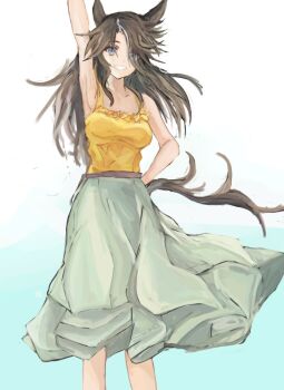 1girl animal_ears arm_up armpits bare_shoulders blue_eyes breasts brown_hair collarbone commentary_request green_skirt hair_between_eyes horse_ears horse_girl long_hair looking_at_viewer medium_breasts mejiro_palmer_(umamusume) multicolored_hair multiple_girls open_mouth shirt skirt sleeveless sleeveless_shirt smile solo streaked_hair tail tank_top teeth umamusume white_hair yanagi_wakana yellow_skirt yellow_tank_top