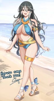 1girl beach bikini black_hair blue_bikini blush breasts commentary_request commission eyelashes full_body grey_eyes grey_hair hair_between_eyes highres long_hair multicolored_hair navel open_mouth outdoors sandals sarai_(ys) shiny_skin signature skeb_commission smile solo stomach streaked_hair surippa1010 swimsuit teeth thank_you toes two-tone_hair underboob upper_teeth_only very_long_hair water ys ys_viii:_lacrimosa_of_dana