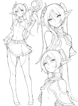 Rule 34 | 1girl, :/, absurdres, adapted costume, belt, boots, breasts, capelet, commentary, crotchless, crotchless pantyhose, earrings, elf, english commentary, feet, food-themed hair ornament, frieren, full body, greyscale, grin, hair ornament, half-closed eyes, highres, jewelry, kekel, lemon hair ornament, long hair, long pointy ears, looking at viewer, mage staff, monochrome, multiple views, navel, pantyhose, pointy ears, simple background, skirt, small breasts, smile, sousou no frieren, staff, standing, teardrop earrings, thighhighs, thighs, toeless legwear, toes, underboob, underwear, unworn boots, wrist cuffs