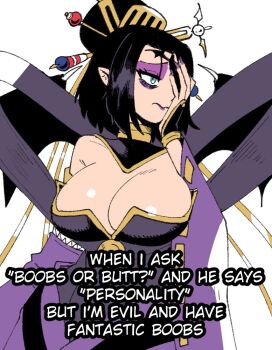 1girl bags_under_eyes bare_shoulders blue_eyes breasts cleavage cowboy_shot demon_girl demon_horns digimon digimon_(creature) eyeshadow hair_bun horns large_breasts lilithmon makeup meme my_red_flags_are_big_but_my_boobs_are_bigger_(meme) purple_eyeshadow purple_lips simple_background solo wanderjegson white_background