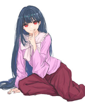 1girl arm_support black_hair bow bowtie commentary contrast_collar fingernails frilled_sailor_collar frills highres houraisan_kaguya index_finger_raised kashiwada_kiiho long_hair long_sleeves looking_at_viewer pink_shirt red_eyes red_skirt sailor_collar shirt simple_background sitting skirt smile solo straight_hair touhou very_long_hair white_background white_bow white_bowtie white_sailor_collar yokozuwari