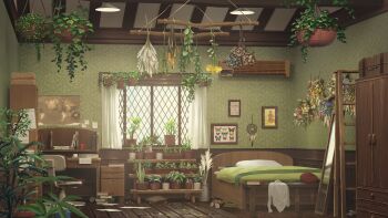 absurdres air_conditioner bed bedroom blanket book bookshelf ceiling ceiling_light chair commentary_request cup curtains desk dreamcatcher hanging_plant highres indoors map messy_room mirror no_humans original paper photo_(object) picture_frame pile_of_books pillow plant potted_plant shirt suzuke swivel_chair unworn_shirt wallpaper_(object) wardrobe white_shirt window wooden_floor