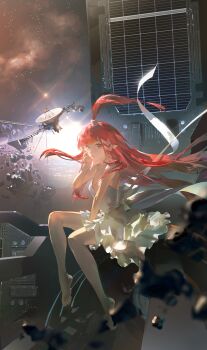 1girl abby_(aotu_world) absurdres ahoge aidy_(aotu_world) aotu_world bare_arms bare_legs bare_shoulders barefoot between_legs blurry building chinese_commentary closed_mouth cloud dress floating_hair frilled_dress frilled_skirt frills full_body galaxy hair_ornament hairclip hand_between_legs hand_in_own_hair hand_on_own_cheek hand_on_own_face hand_up highres huge_ahoge long_hair looking_at_viewer meteor night night_sky outdoors parted_lips pointy_ears red_eyes red_hair ribbon satellite scenery sidelocks sitting skirt sky skyscraper sleeveless sleeveless_dress smile solo space space_station star_(sky) starry_sky very_long_hair waterrice11 white_dress white_ribbon