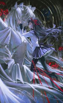 2girls absurdres akemi_homura akemi_homura_(magical_girl) argyle_clothes argyle_pantyhose black_hair black_pantyhose black_shoes boots bow capelet closed_eyes commentary crack dress english_commentary floating_hair flower frilled_skirt frills from_side full_body hair_ribbon hairband hands_on_another's_face high_heel_boots high_heels highres kaname_madoka long_hair long_sleeves looking_at_another magical_girl mahou_shoujo_madoka_magica multiple_girls pantyhose pleated_skirt profile purple_capelet purple_skirt rain red_flower red_hairband red_ribbon ribbon shirt shoes skirt spider_lily statue two_side_up ultimate_madoka very_long_hair volcanoyyy white_shirt