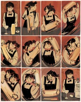 1girl :| absolut_vodka absurdres alcohol apron bartender black_apron black_bow black_hair bow chainsaw_man closed_mouth cocktail_shaker collared_shirt commentary english_commentary fine_art_parody glass_bottle hair_ornament hairclip half-closed_eyes higashiyama_kobeni highres holding_shaker liquor long_sleeves motion_blur motion_lines parody sequential shaking shirt short_hair single_sidelock smear_frame smile somedeimi the_making_of_the_perfect_martini white_shirt